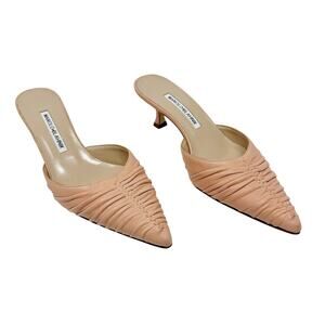 Manolo Blahnik Nude Ruched Leather Mules Size 37 | Designer Kitten Heel Slip On